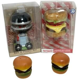 Lot of 3 Ceramic Salt Pepper Shaker Pier 1 Hamburger Backyard BBQ Grill & Burger